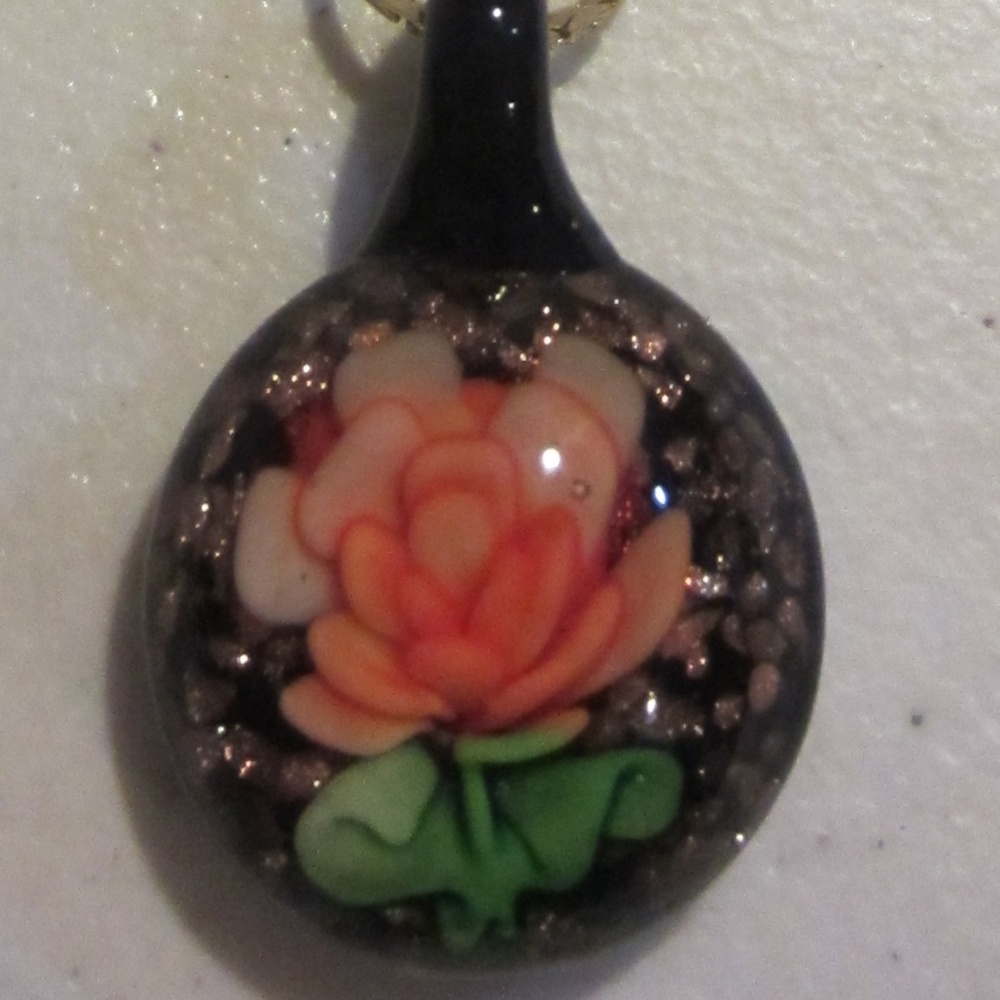 Hand Blown Glass rose  Pendant on chain